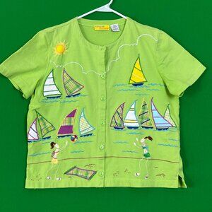 Onque Vtg Green Button Down Top Beach Boat Applique Short‎ Sleeve Top Size Small